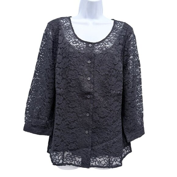 Isaac Mizrahi Black Lace Cardigan Button Up Top Career Event Whimsigoth Womens M - Picture 1 of 13